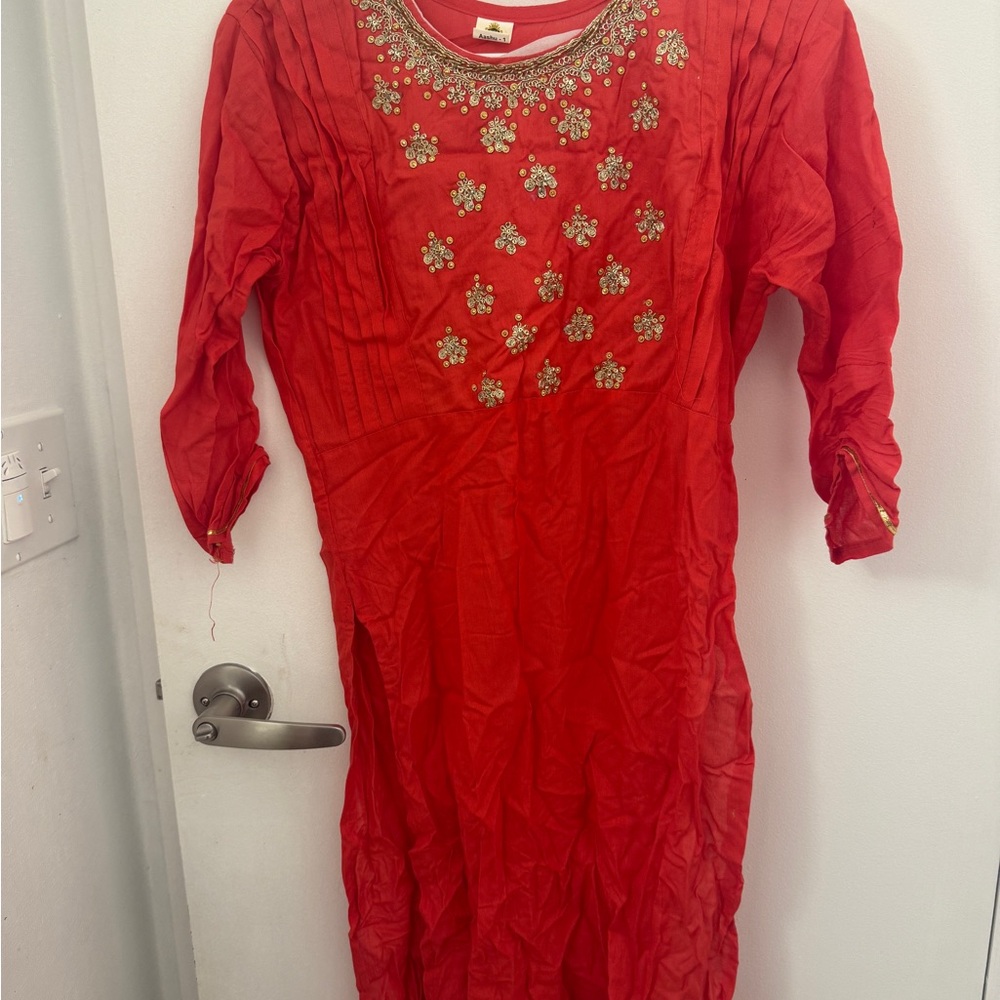 Red Embellished Long Sleeve Kurti/tunic